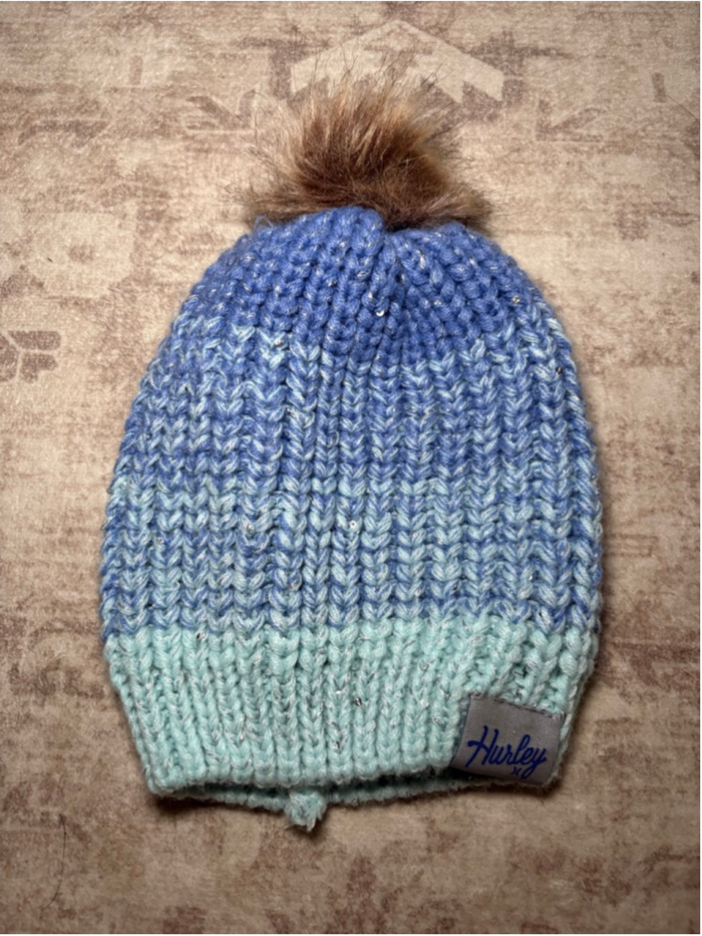 Hurley Youth Blue Ombre Knit Beanie Pom Pom Metallic Threads